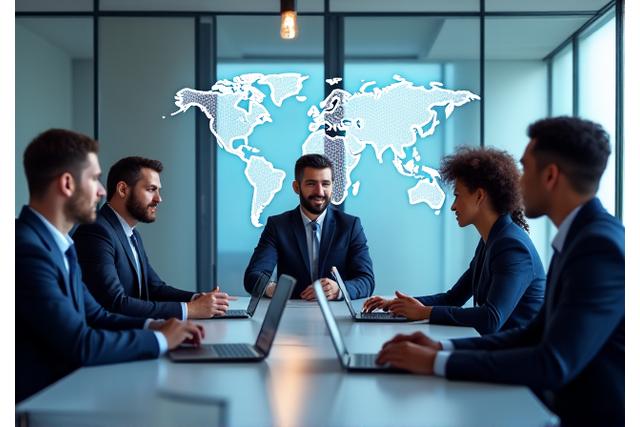 A diverse professional team collaborating, with a subtle global map or compass overlay, symbolizing AeroVoyage Group's mission and commitment to clients.