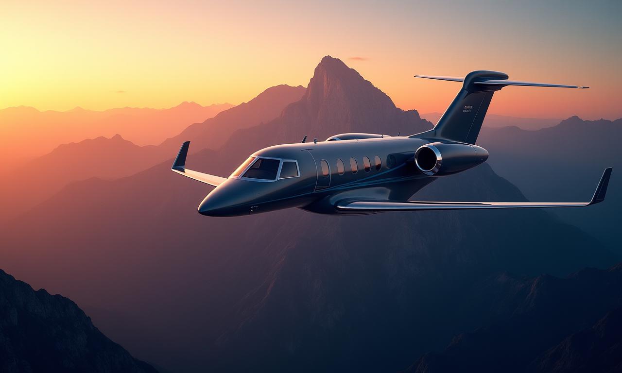 A sleek private jet soaring over a breathtaking mountain landscape during sunset, symbolizing luxury travel and adventure.
